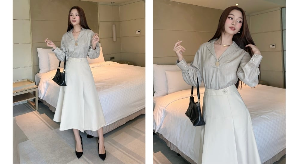 Chân váy dài công sở xòe viền - V3544