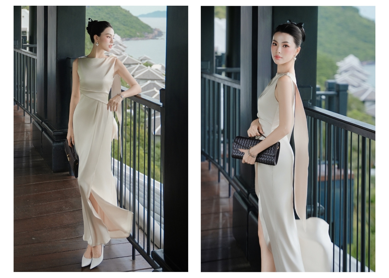 Đầm tiệc lụa dài cổ thuyền đắp tà D4512T - Ảnh lookbook