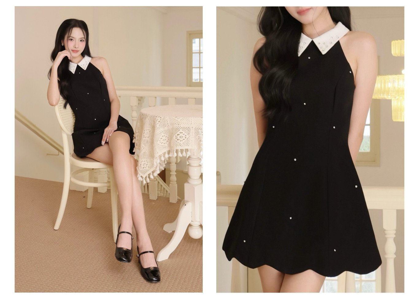 Đầm tiệc ngắn kết đá cổ yếm D4174A - Lookbook mẫu