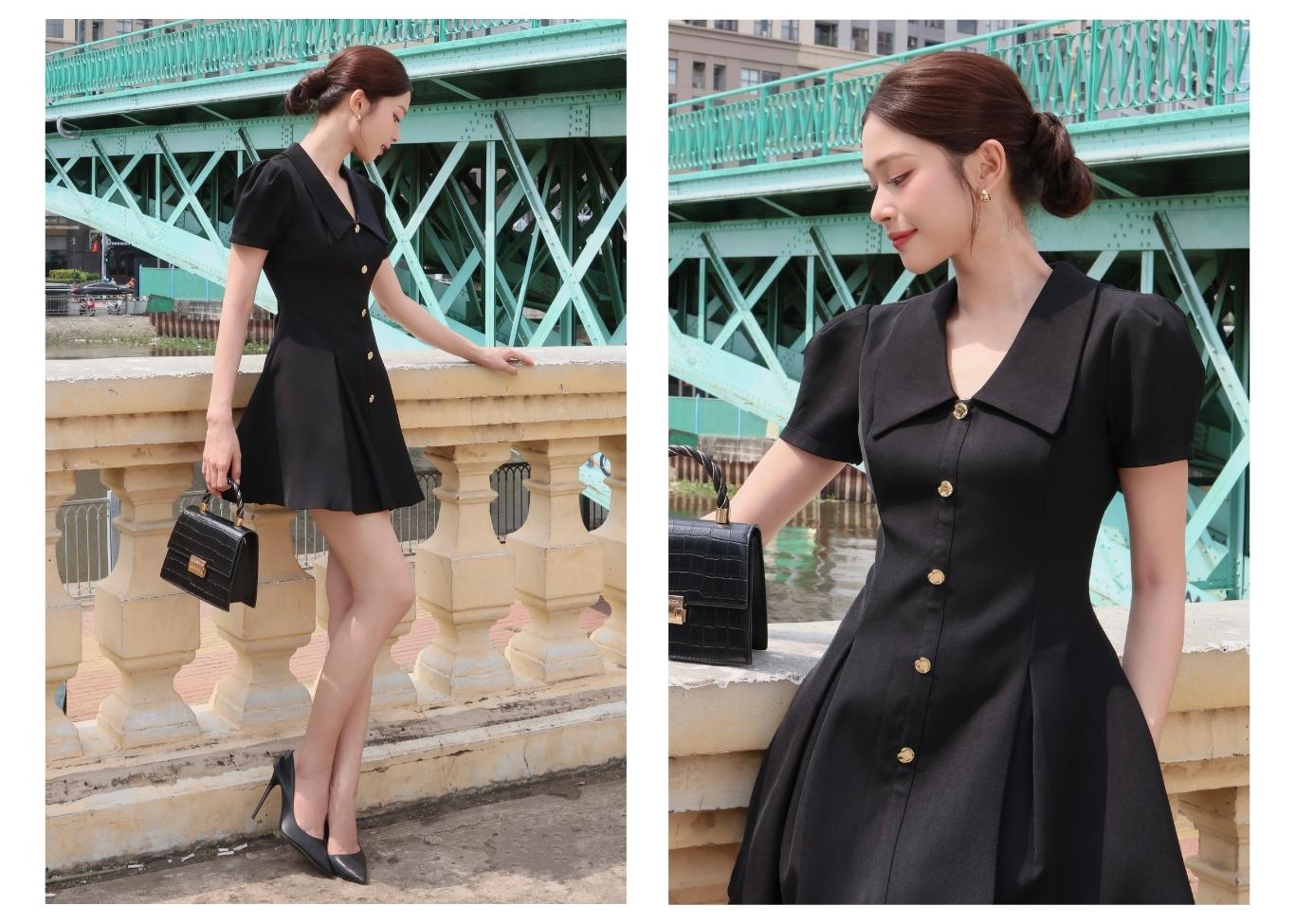 Đầm xoè công sở ngắn cổ V xếp ly D4393A - Ảnh lookbook mẫu 1