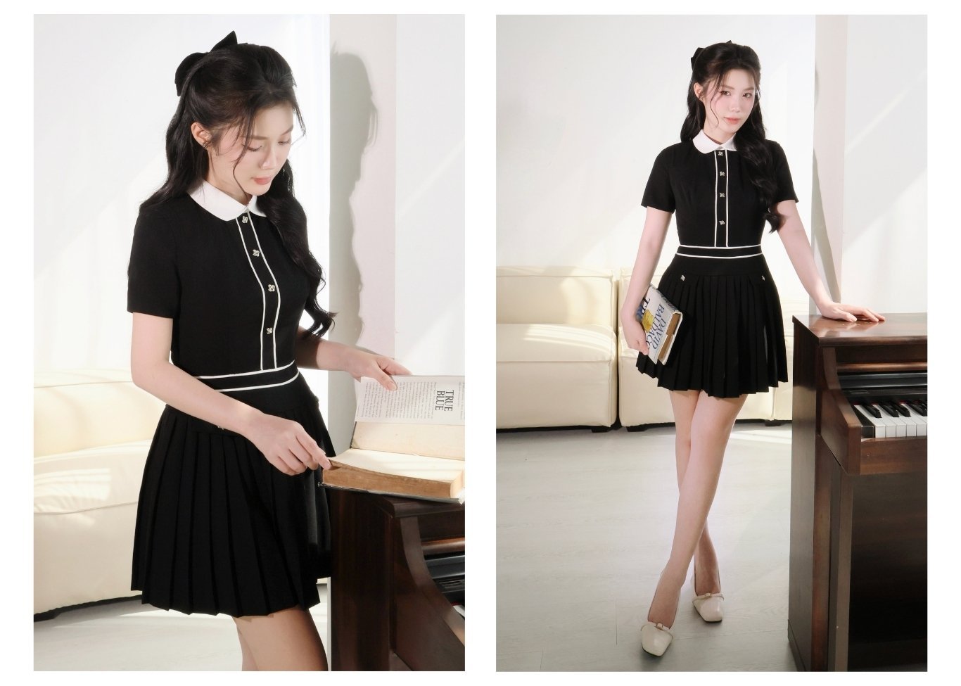 Đầm xoè dạo phố ngắn cổ lá sen D4427A - Ảnh lookbook mẫu 1