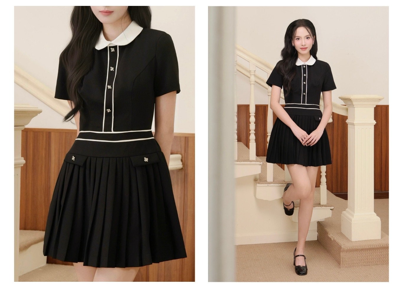 Đầm xoè dạo phố ngắn cổ lá sen D4427A - Lookbook mẫu