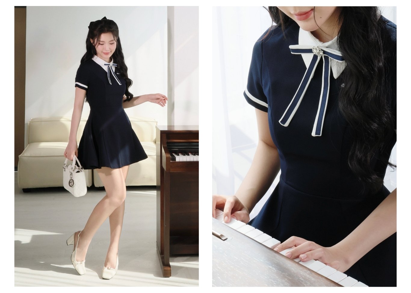 Đầm xoè dạo phố ngắn kèm nơ rời D4426A - Ảnh lookbook mẫu 1