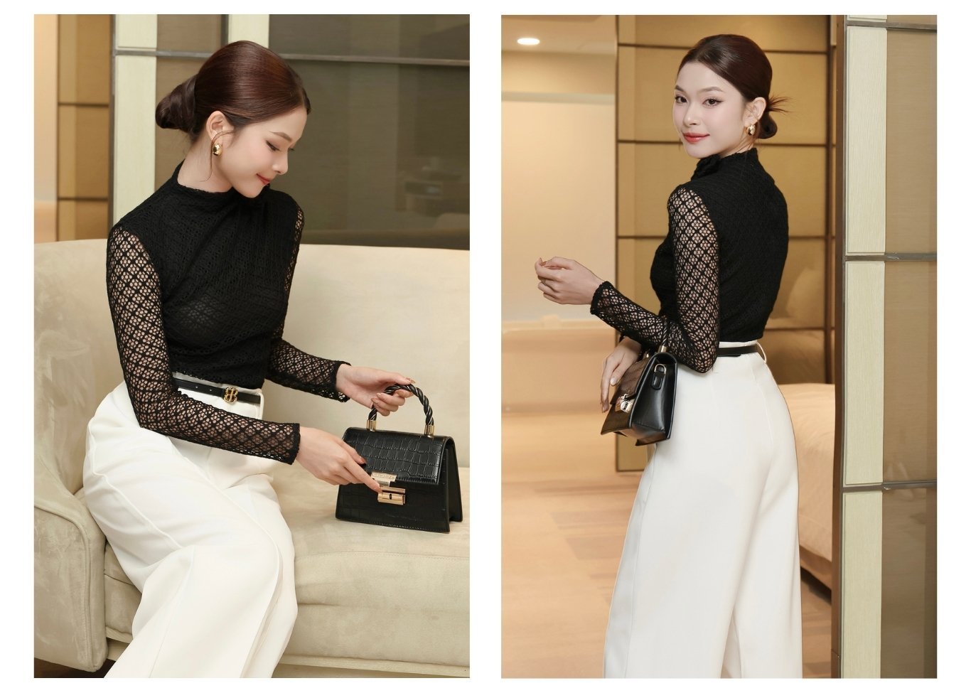 Áo kiểu tiệc cotton lưới kèm hoa A4373N - Ảnh lookbook mẫu 2