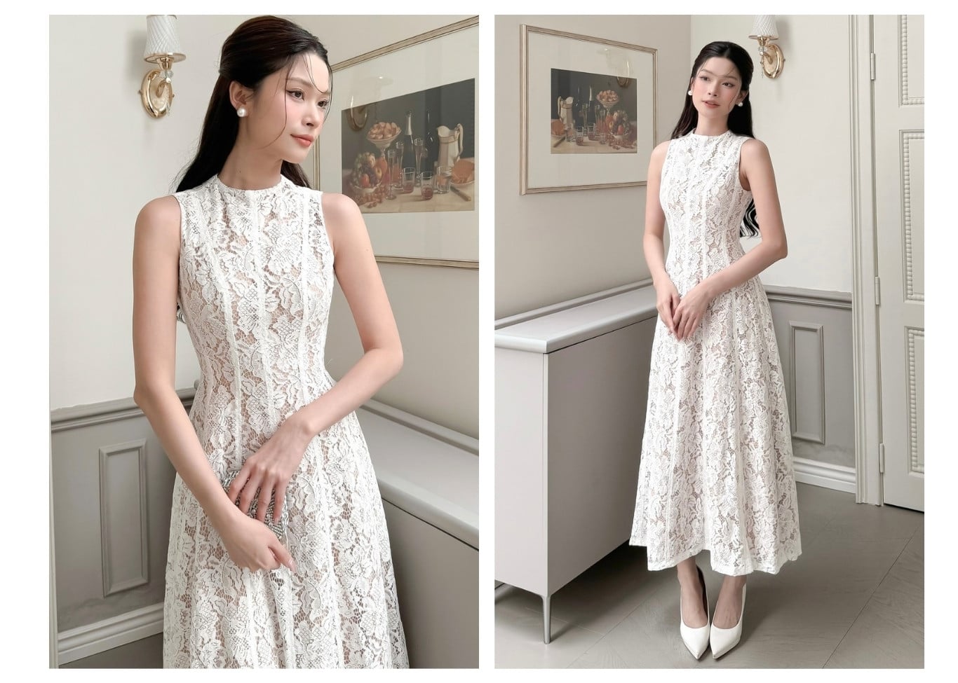 Đầm xòe tiệc dài ren hoa cổ tròn D4086A - Ảnh lookbook