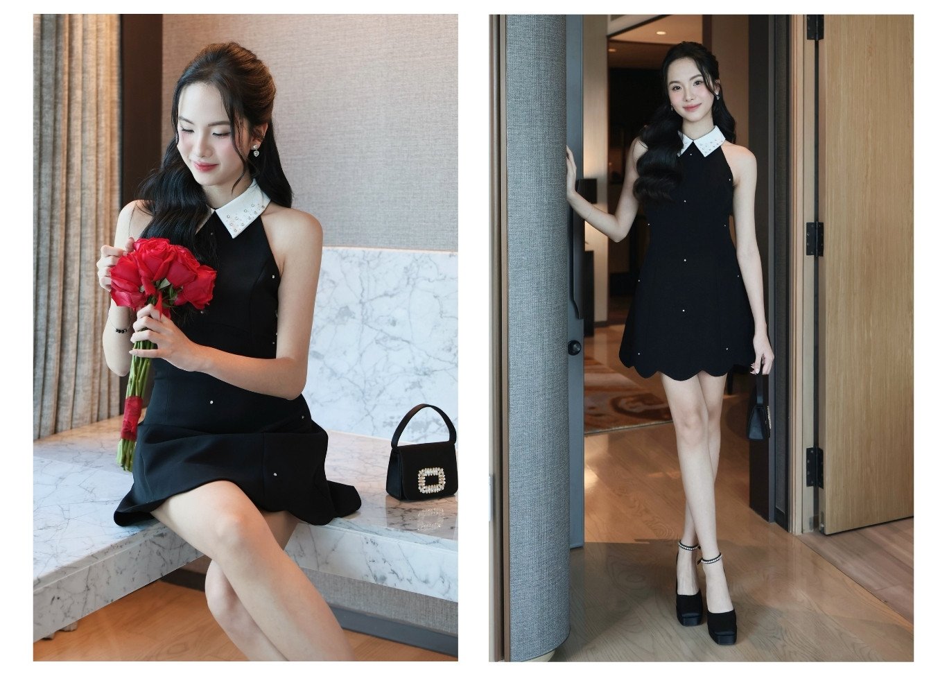 Đầm tiệc ngắn kết đá cổ yếm D4174A - Lookbook mẫu