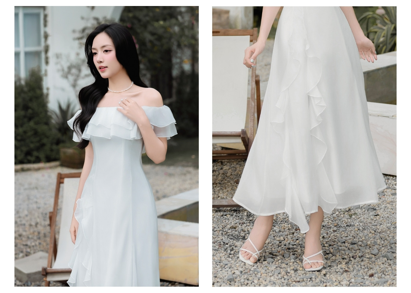 Đầm trễ vai dạo phố dài phối bèo D4514B - Ảnh lookbook