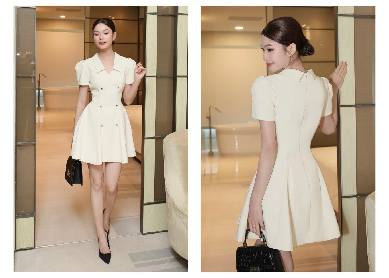 Đầm xòe công sở ngắn cổ V nút kiểu D4403A - Lookbook mẫu 2