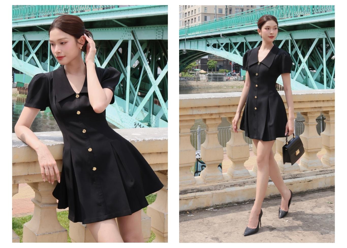 Đầm xoè công sở ngắn cổ V xếp ly D4393A - Ảnh lookbook mẫu 2