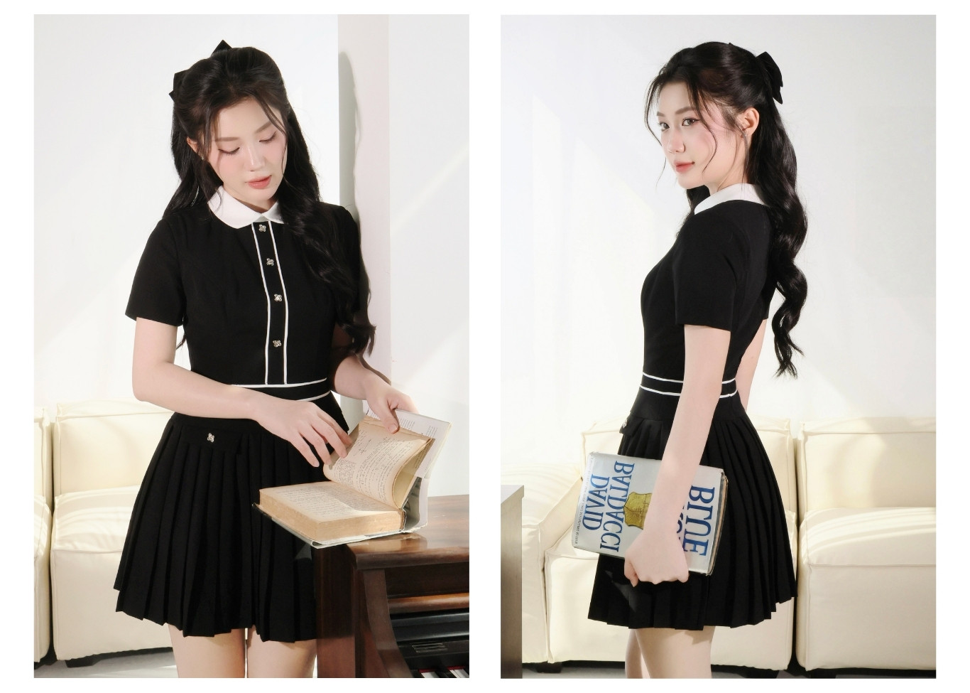 Đầm xoè dạo phố ngắn cổ lá sen D4427A - Lookbook mẫu