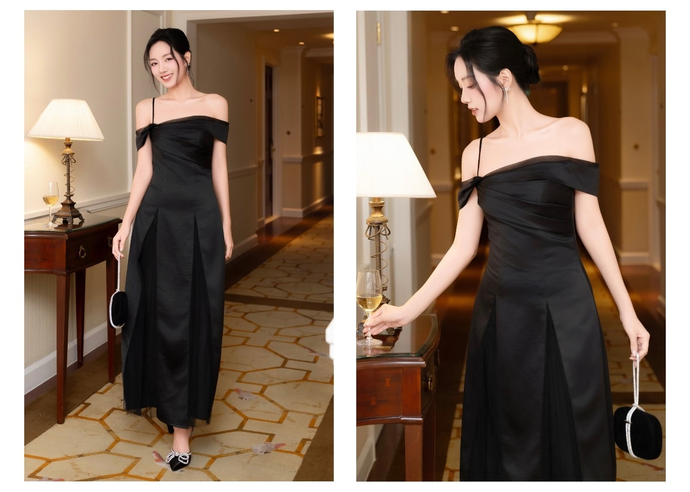 Đầm dự tiệc dài xòe trễ vai D3998B - Ảnh lookbook