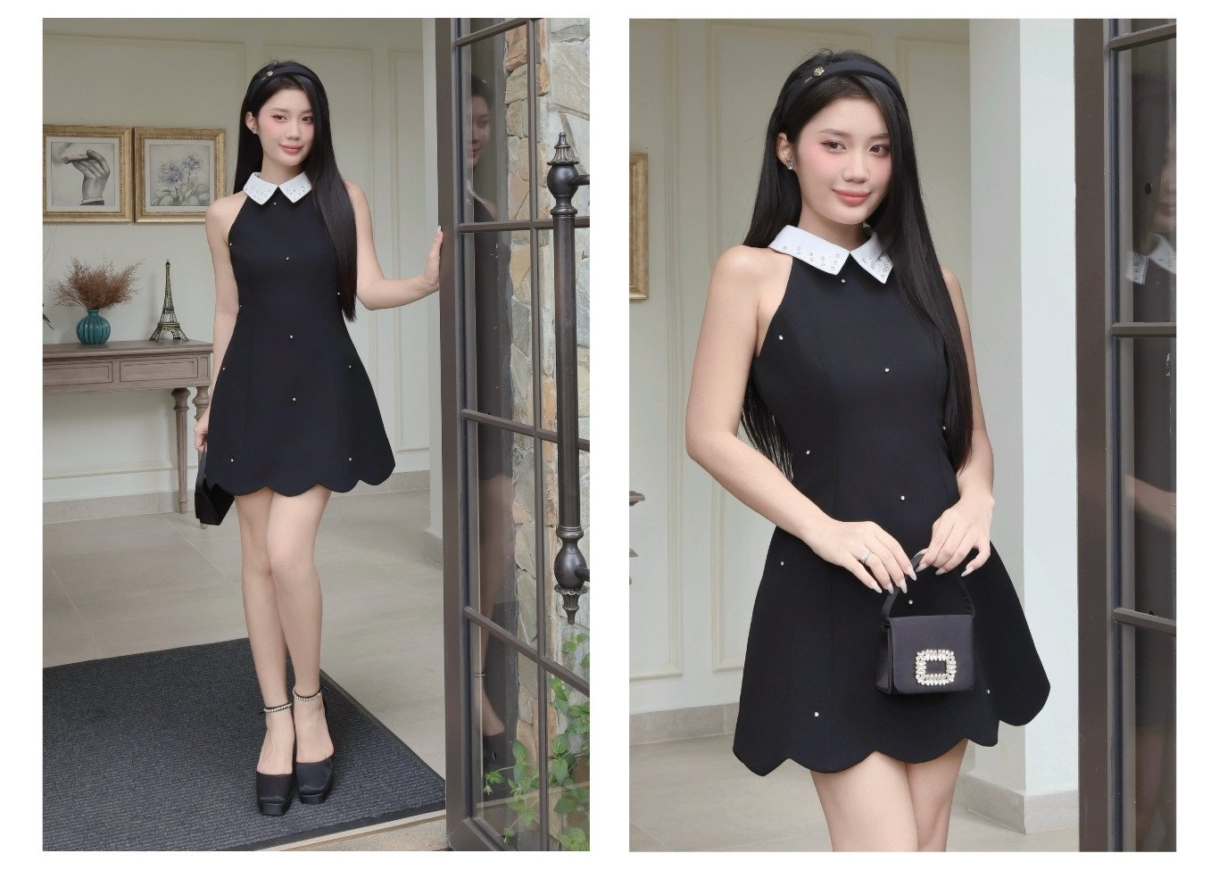 Đầm tiệc ngắn kết đá cổ yếm D4174A - Lookbook mẫu