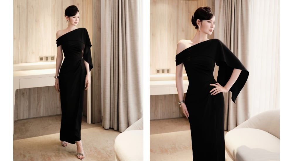 Đầm dài dự tiệc trễ vai tà xéo – D4334B