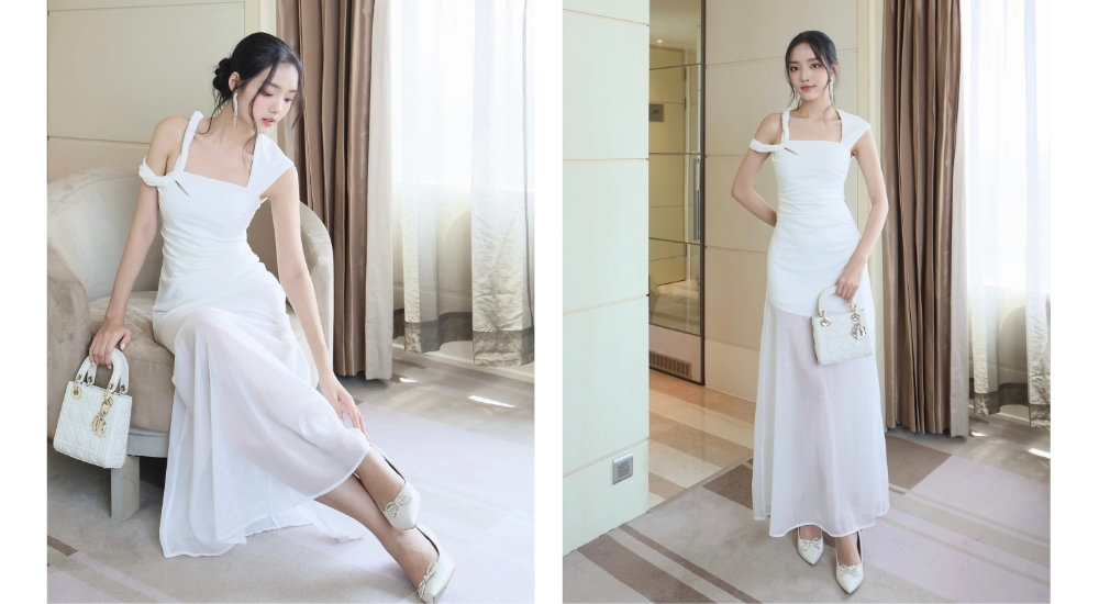 Đầm dự tiệc vai xoắn phối voan - D4316B