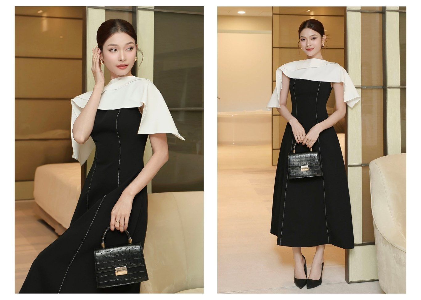 Mẫu phối áo choàng cùng Đầm xoè tiệc dài cotton cổ thuyền D4331A