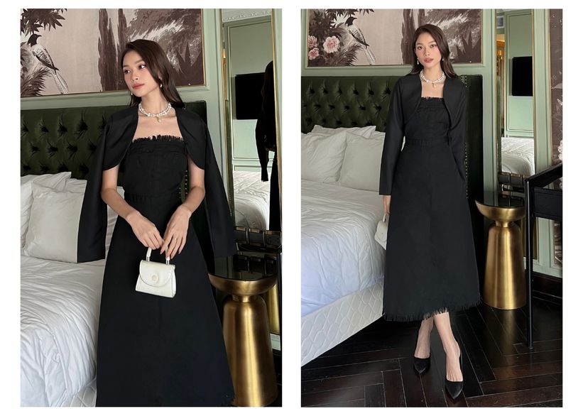 Người mẫu mặc Áo blazer croptop tay dài - A1858S màu đen (2)