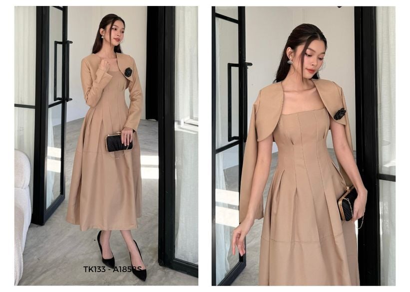Người mẫu mặc Áo blazer croptop tay dài - A1858S màu nude