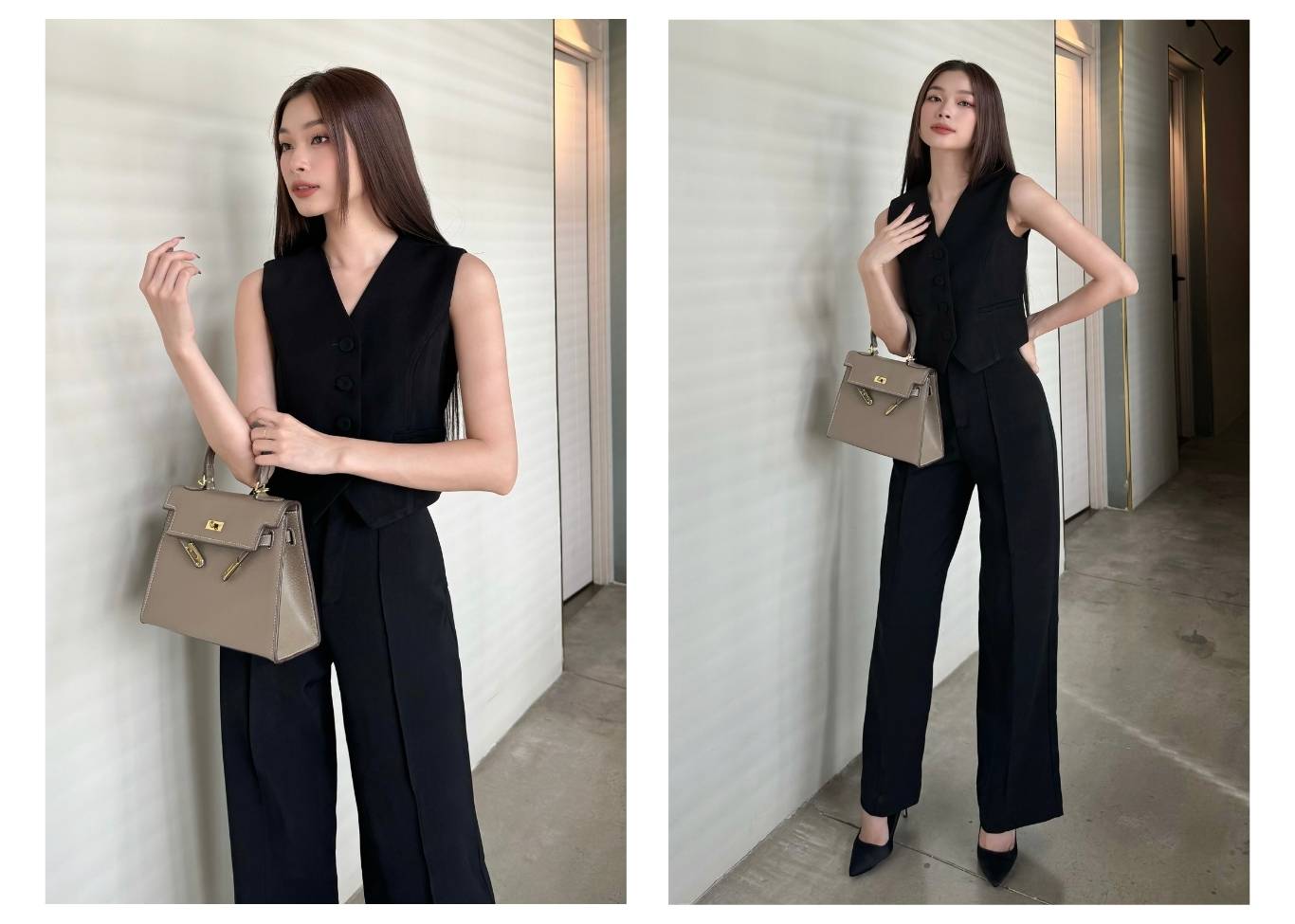 Người mẫu mặc Áo gile croptop form basic - A3253 màu đen