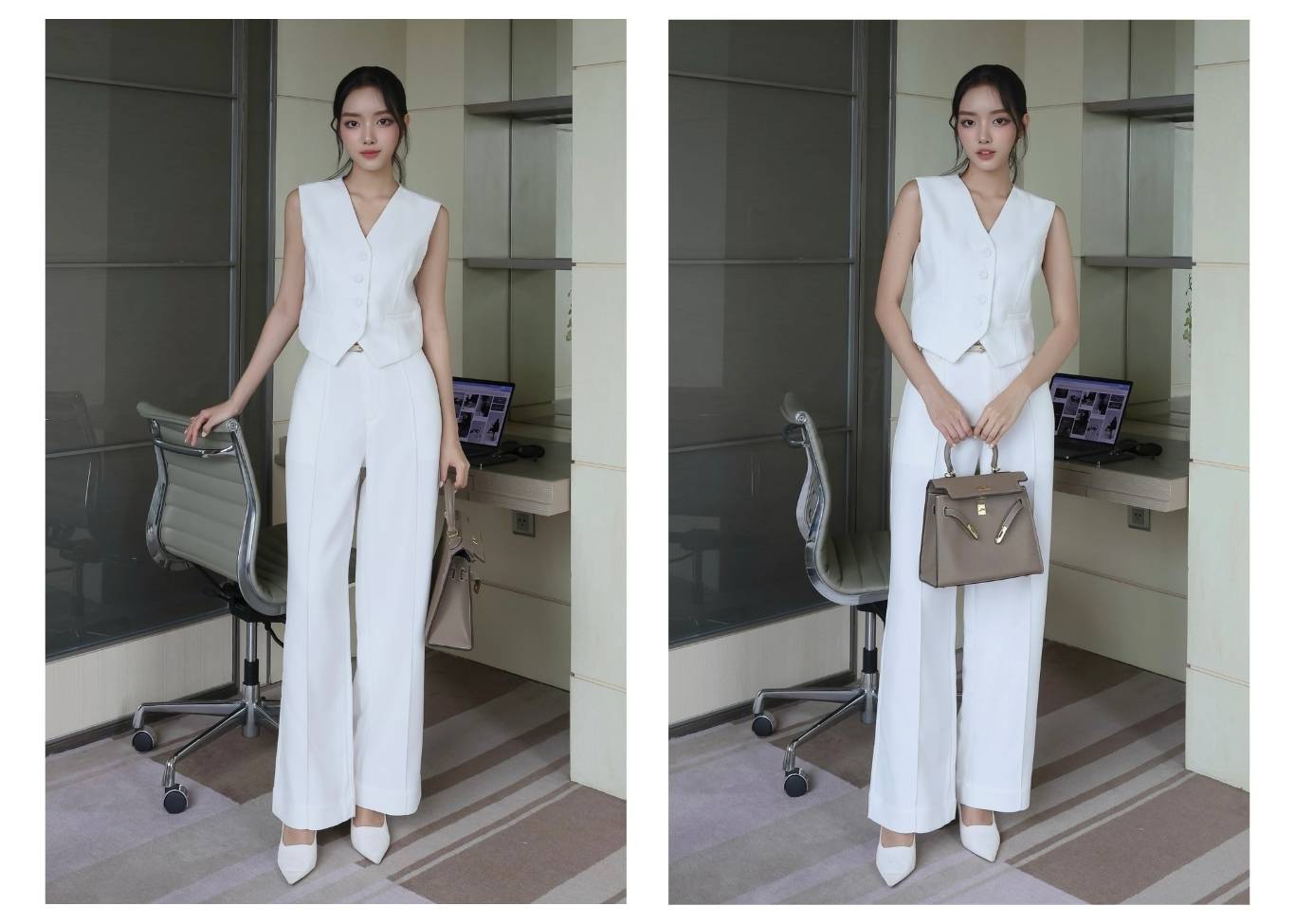 Người mẫu mặc Áo gile croptop form basic - A3253 màu trắng