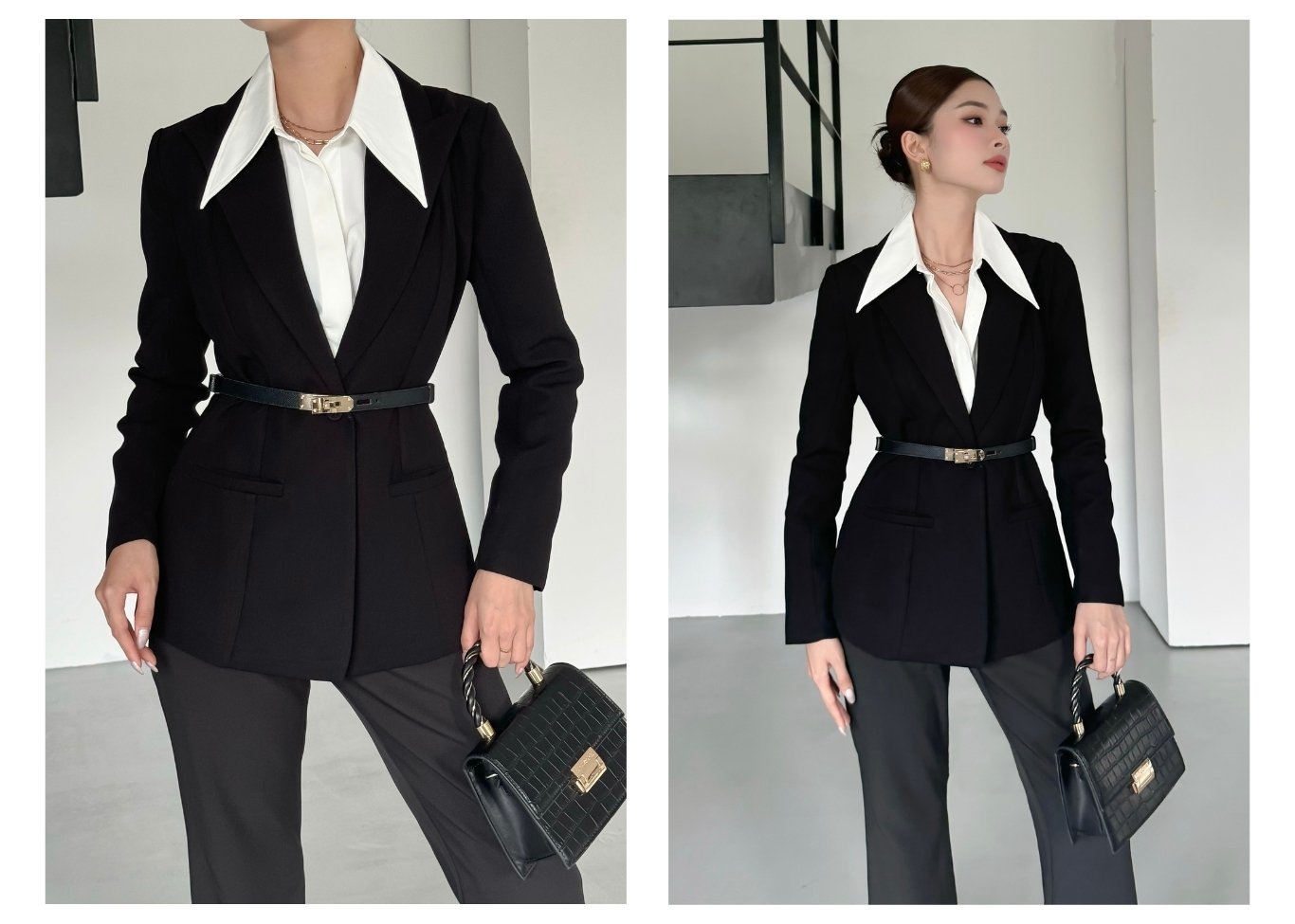 Người mẫu mặc Áo khoác vest tay dài basic - A3710A màu đen