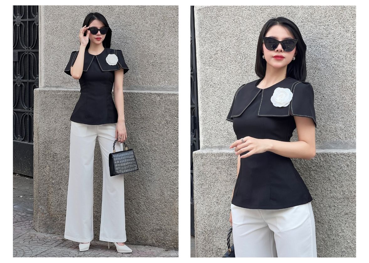Người mẫu mặc Áo kiểu peplum cổ cape viền chỉ - A2186 màu đen