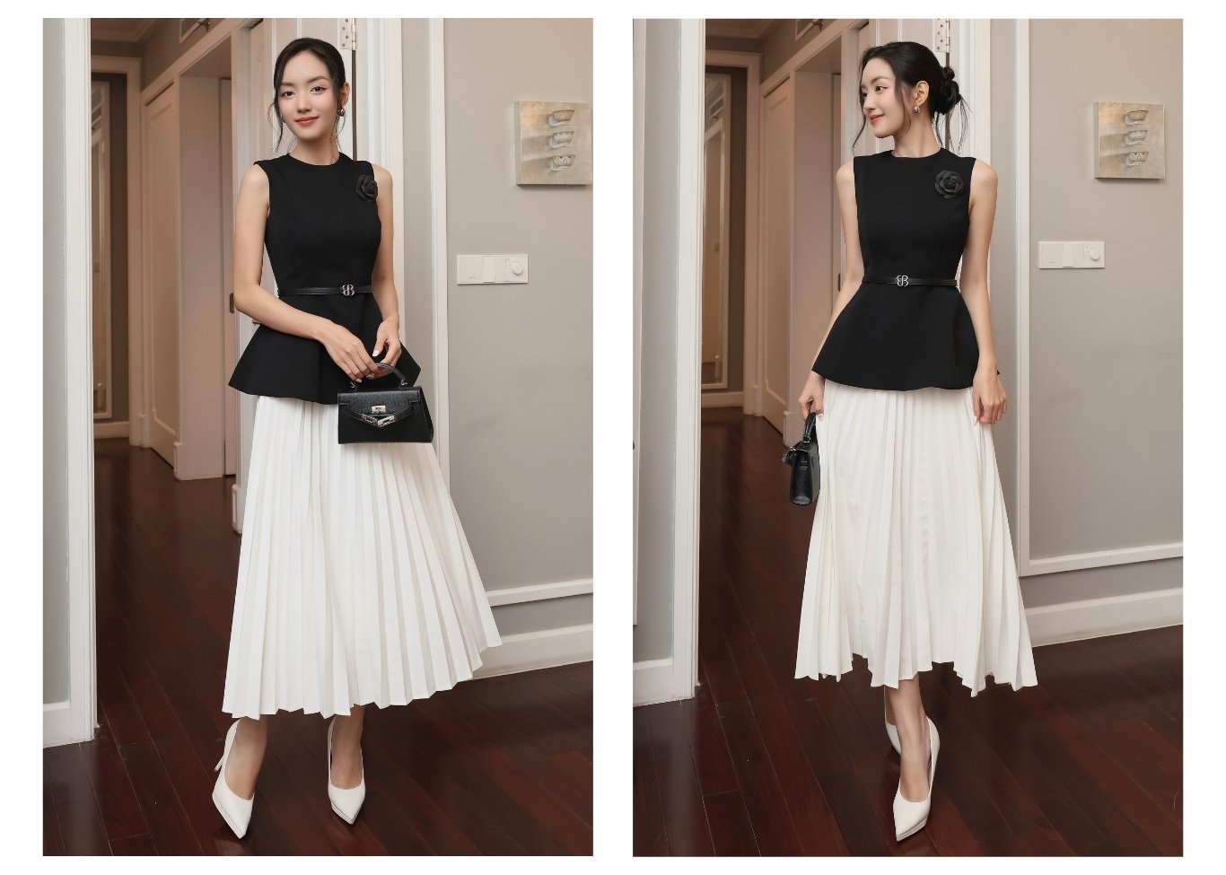 Người mẫu mặc Áo kiểu peplum dự tiệc cổ tròn - A4255A màu đen
