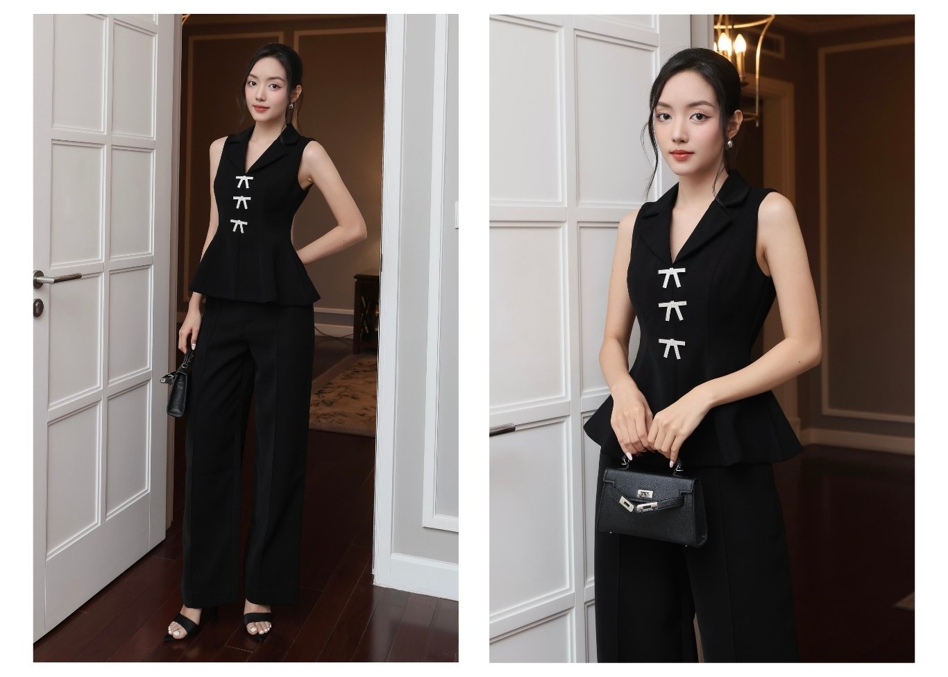 Người mẫu mặc Áo kiểu peplum dự tiệc cổ V - A4256A