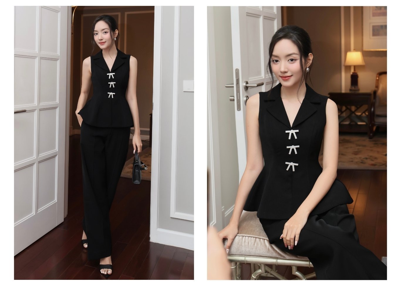 Người mẫu mặc Áo kiểu peplum dự tiệc cổ V - A4256A