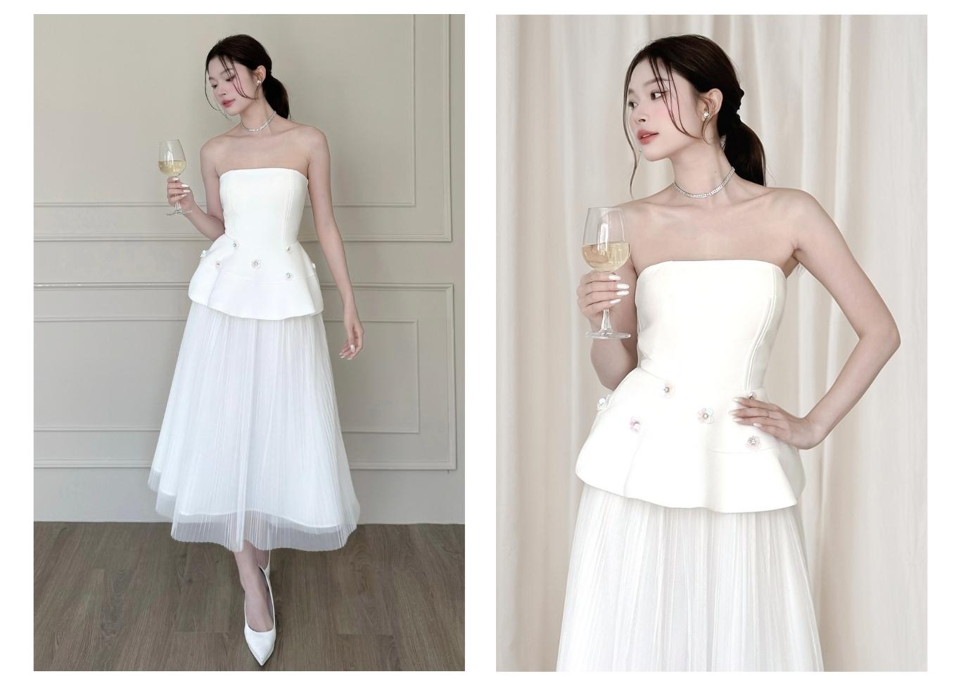 Người mẫu mặc Áo kiểu peplum kết hoa sequin - A4046T màu trắng