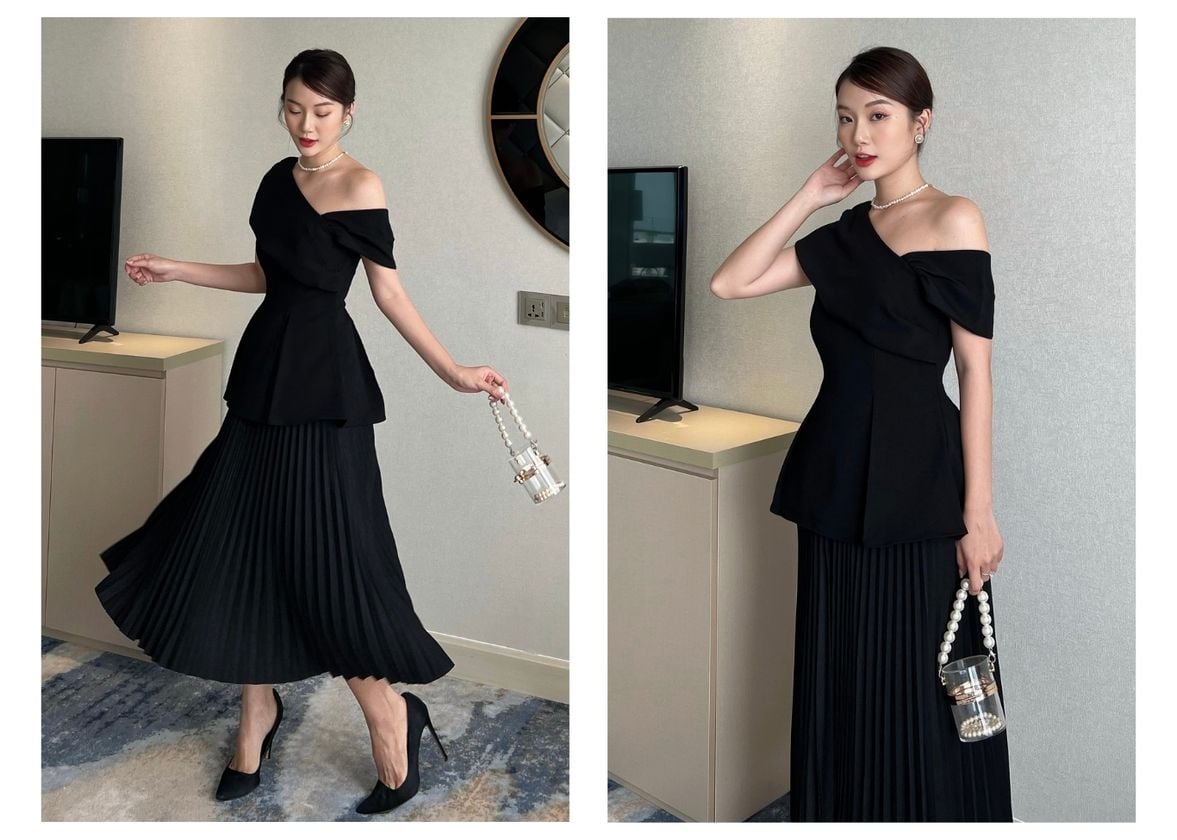 Người mẫu mặc Áo kiểu peplum lệch vai - TK356