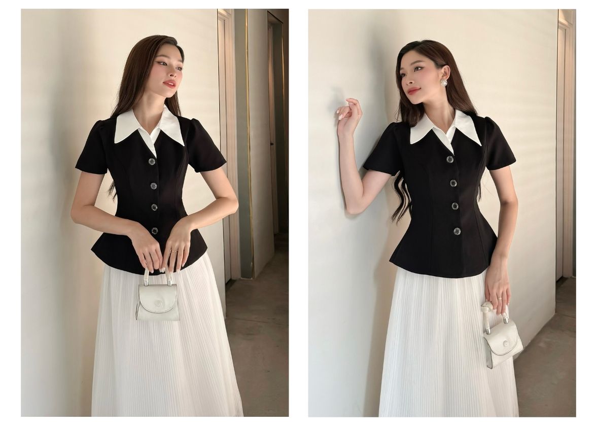 Người mẫu mặc Áo kiểu peplum sơ mi form ngắn - A3389