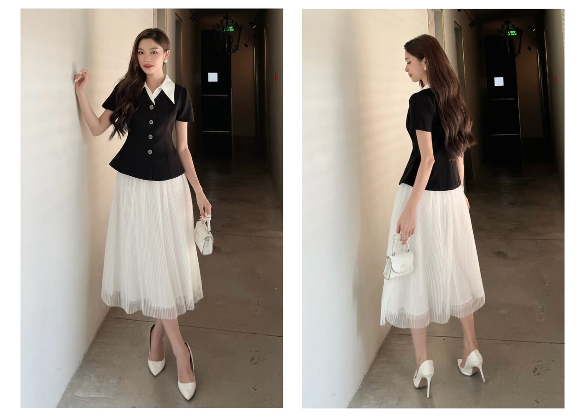 Người mẫu mặc Áo kiểu peplum sơ mi form ngắn - A3389