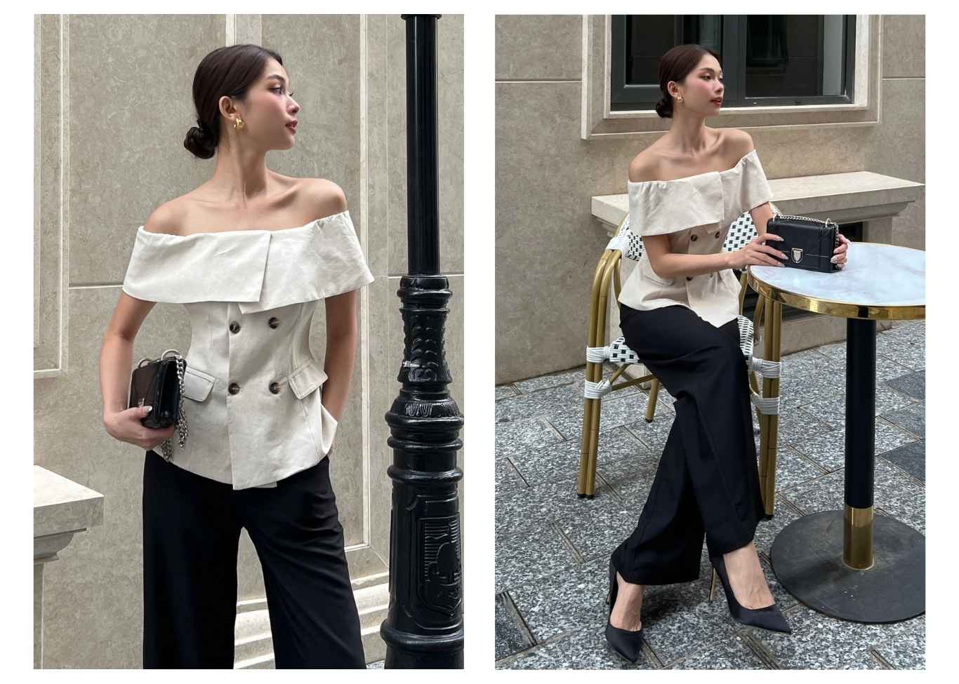 Người mẫu mặc Áo kiểu peplum trễ vai bản to - A2402 màu da mộc