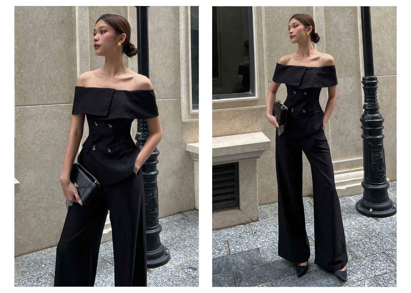 Người mẫu mặc Áo kiểu peplum trễ vai bản to - A2402 màu đen