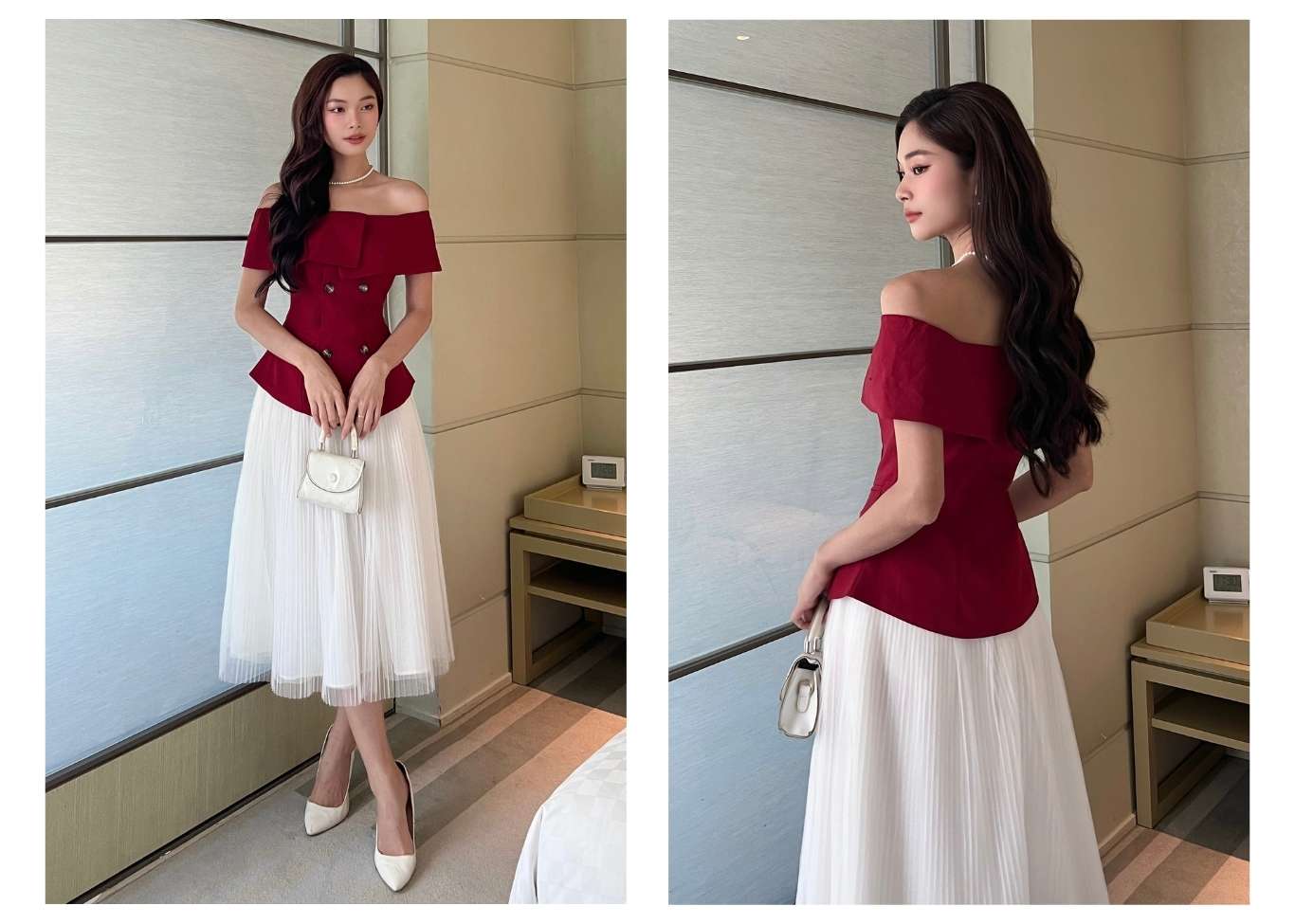Người mẫu mặc Áo kiểu peplum trễ vai bản to - A2402 màu đỏ