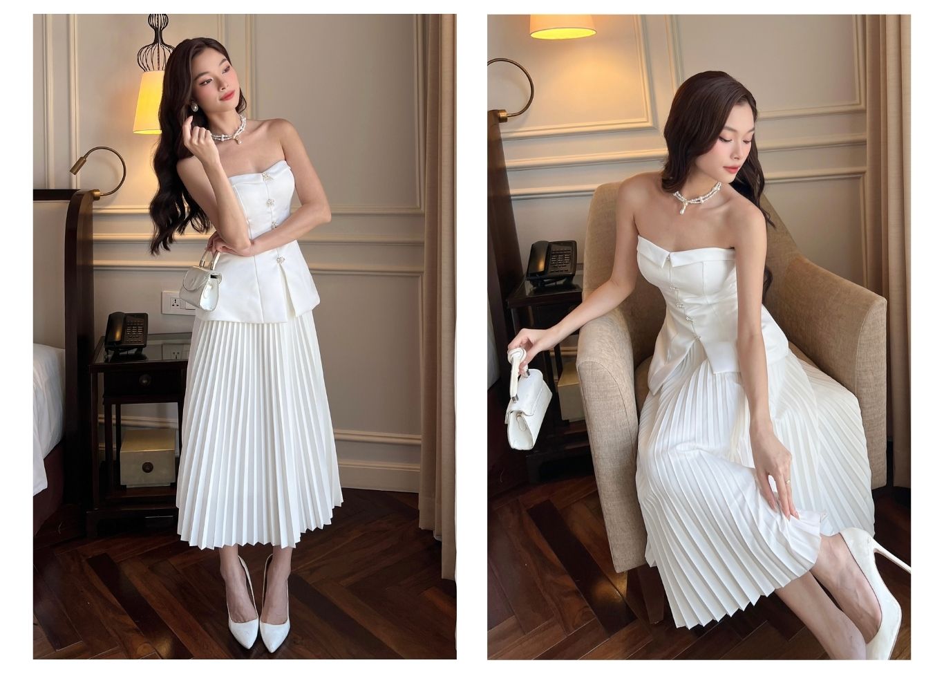 Người mẫu mặc Áo kiểu peplum xẻ tà có cúp ngực - A2607 màu trắng