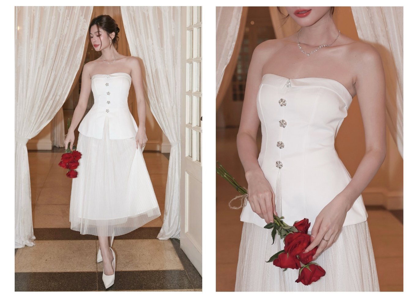 Người mẫu mặc Áo kiểu peplum xẻ tà có cúp ngực - A2607 màu trắng