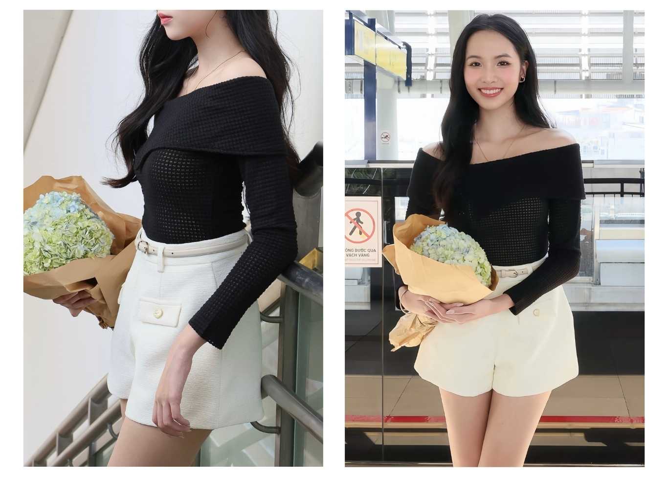 Người mẫu mặc Áo kiểu tay dài trễ vai có vạt - A4193Q màu đen