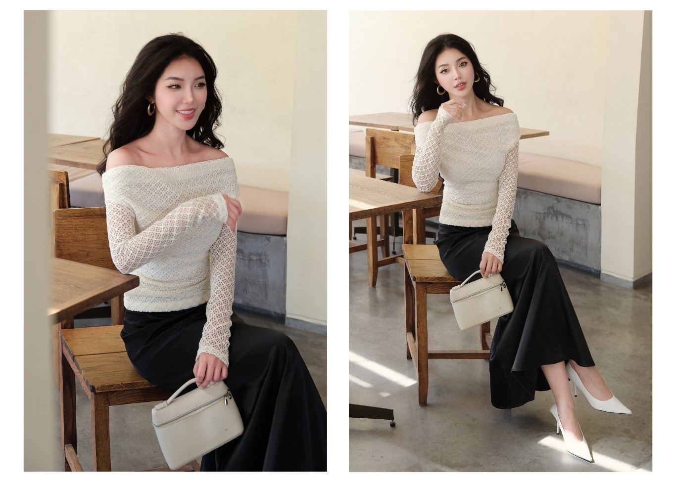 Người mẫu mặc Áo kiểu trễ vai phối lưới - A4329A màu kem