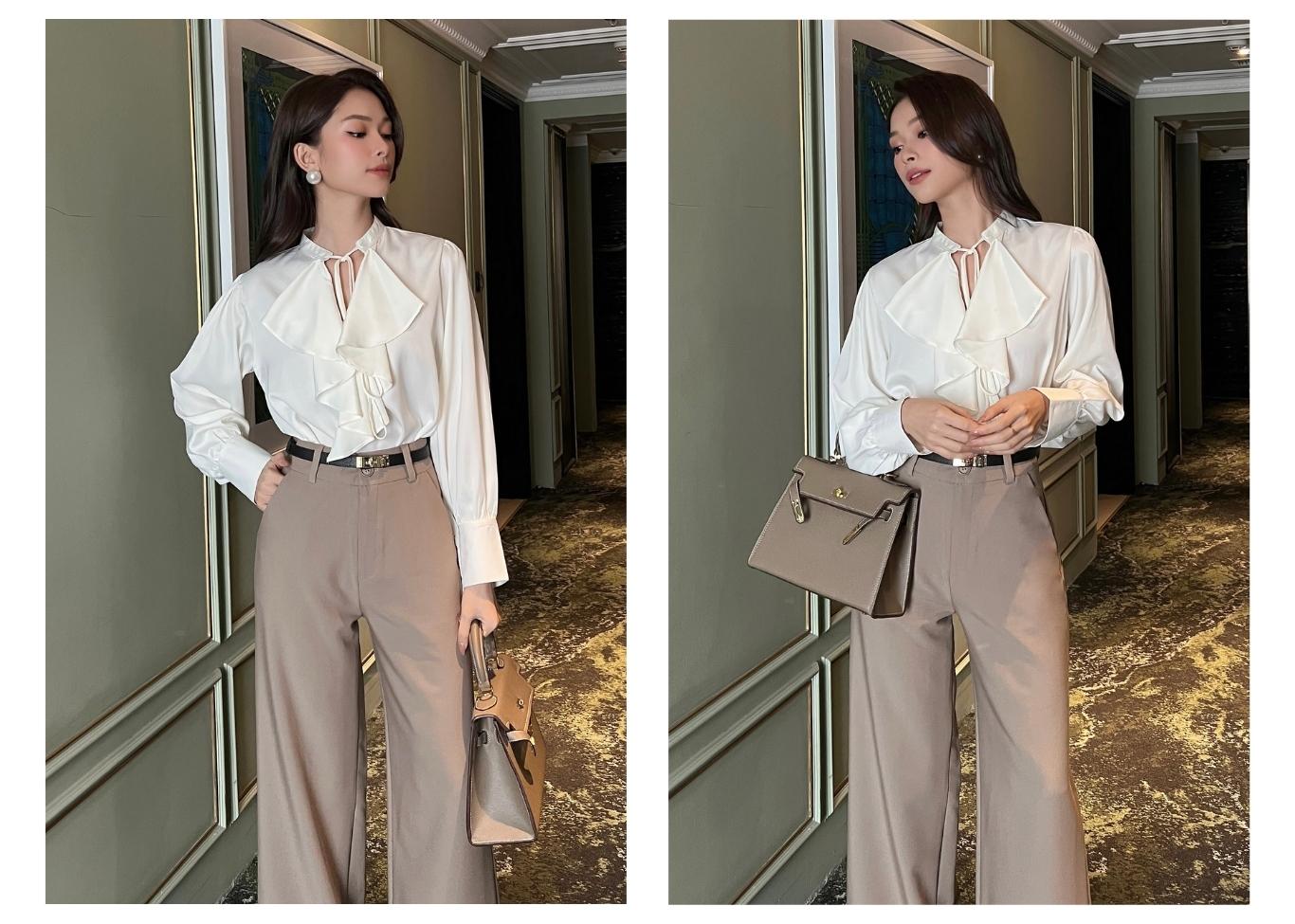 Người mẫu mặc Áo sơ mi công sở phối viền bèo - CSA1454 màu trắng