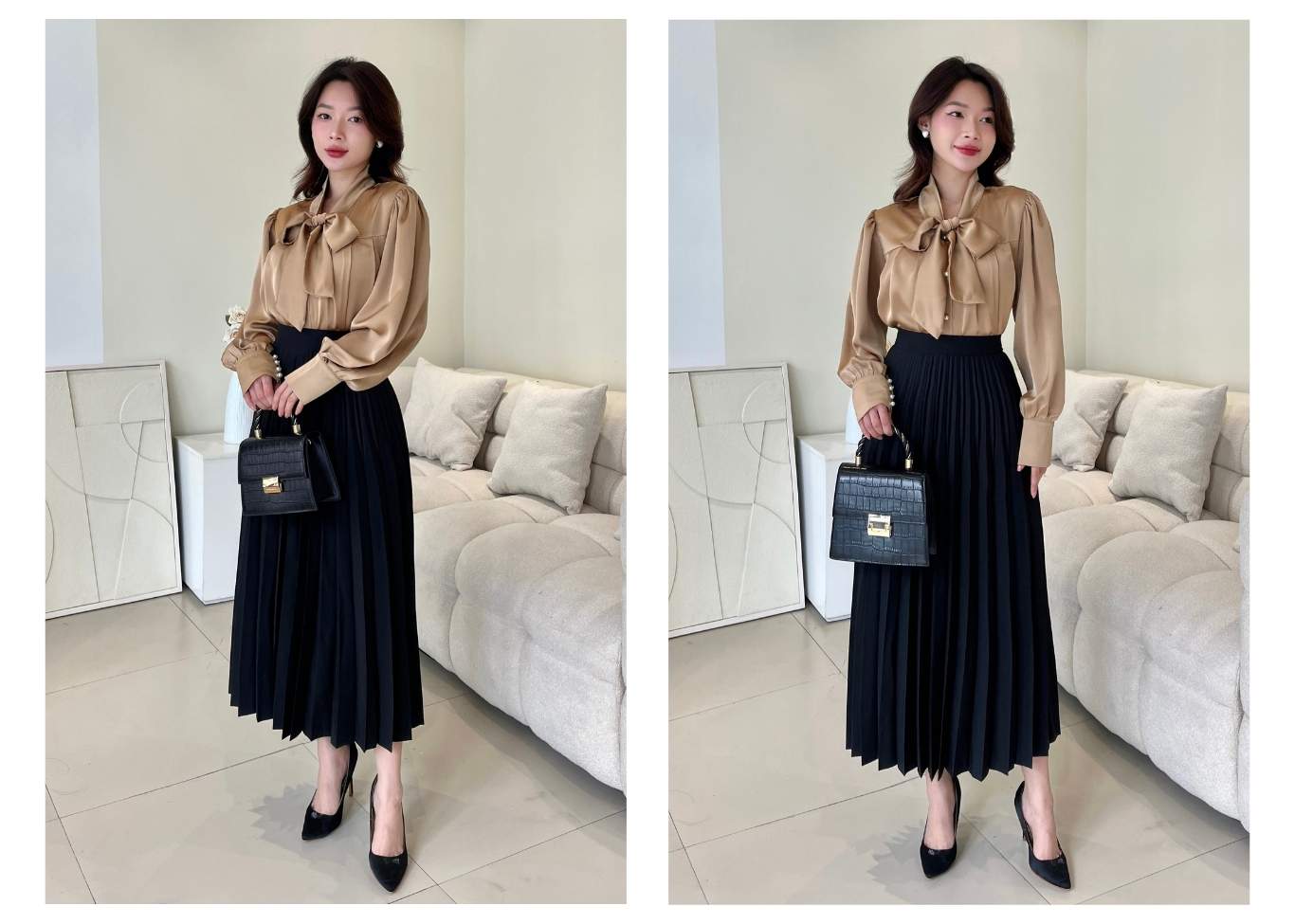 Người mẫu mặc Áo sơ mi công sở tay dài thắt nơ - A1104 màu nude
