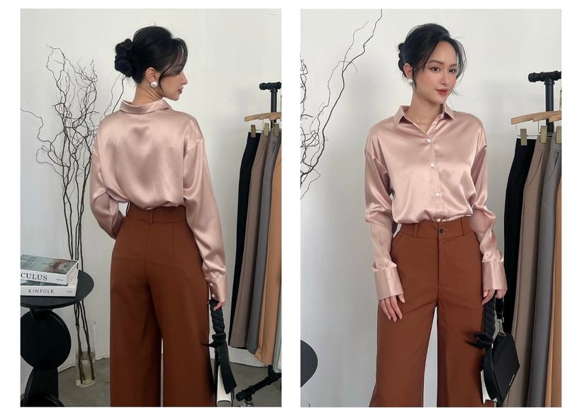 Người mẫu mặc Áo sơ mi công sở vải lụa mát - TK18