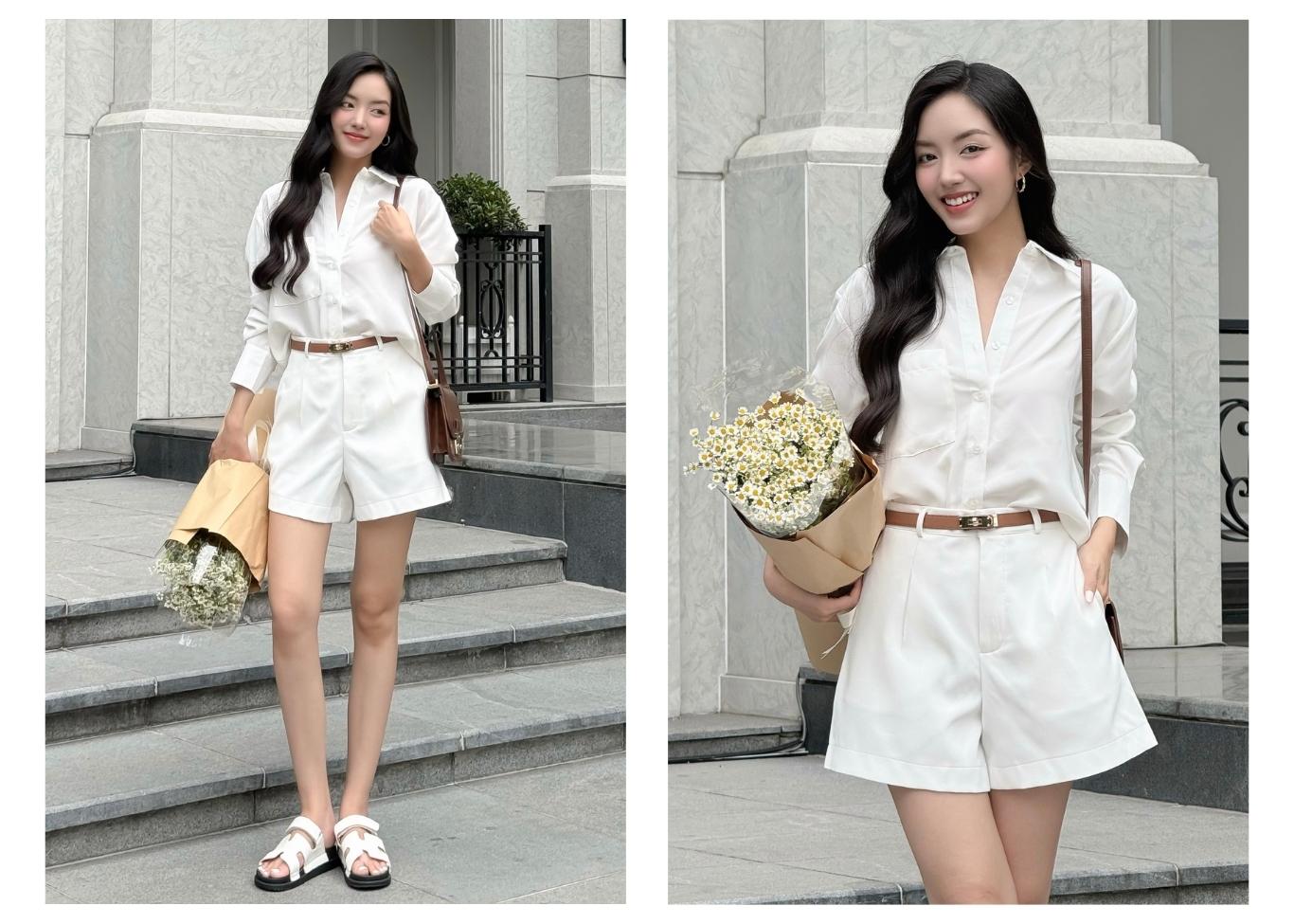 Người mẫu mặc Áo sơ mi form rộng tay dài - A4129H màu trắng