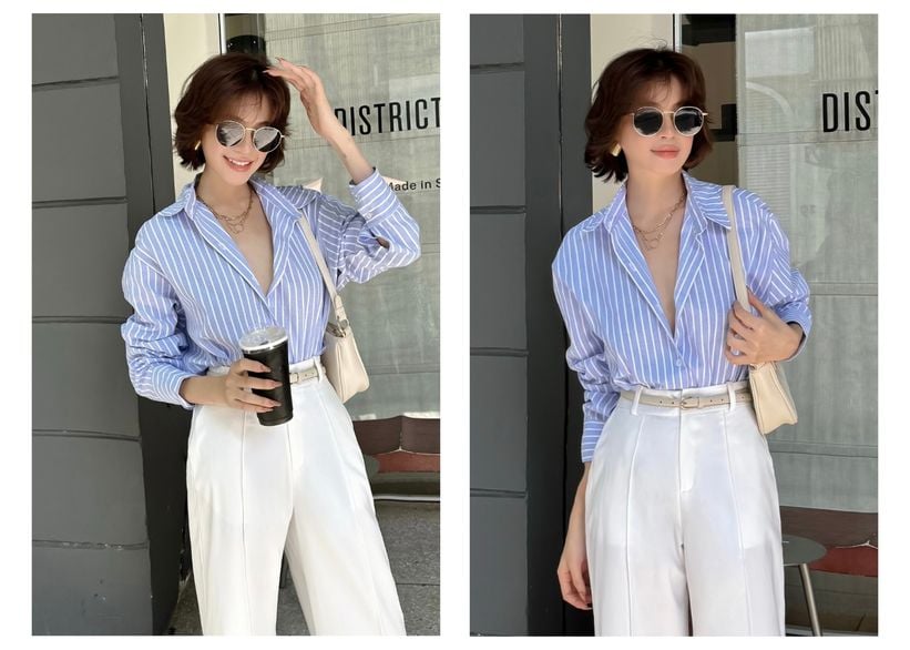 Người mẫu mặc Áo sơ mi linen sọc xanh - A3280