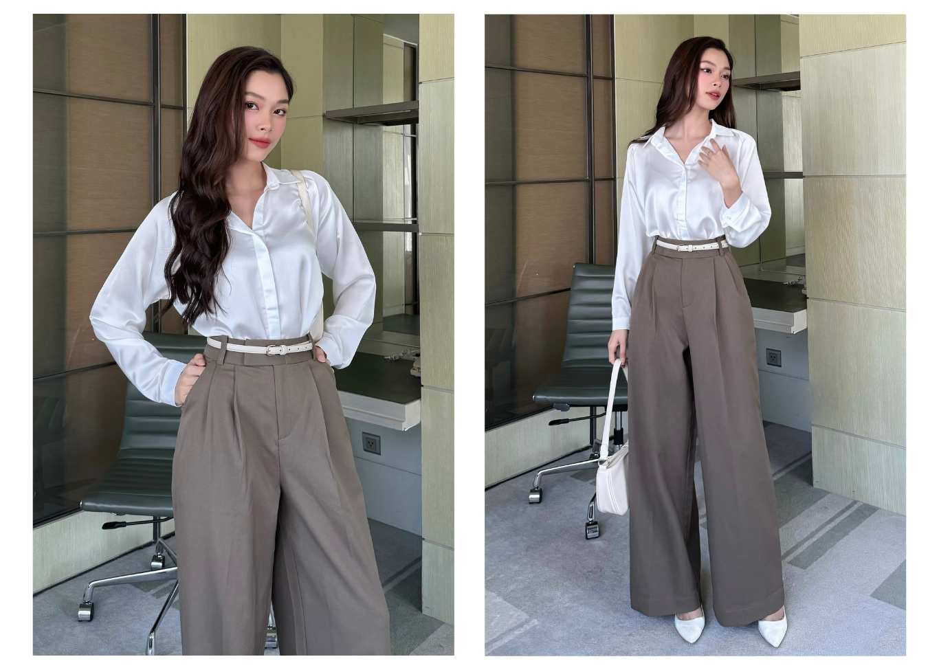 Người mẫu mặc Áo sơ mi lụa công sở nhiều màu - A1251 màu xám