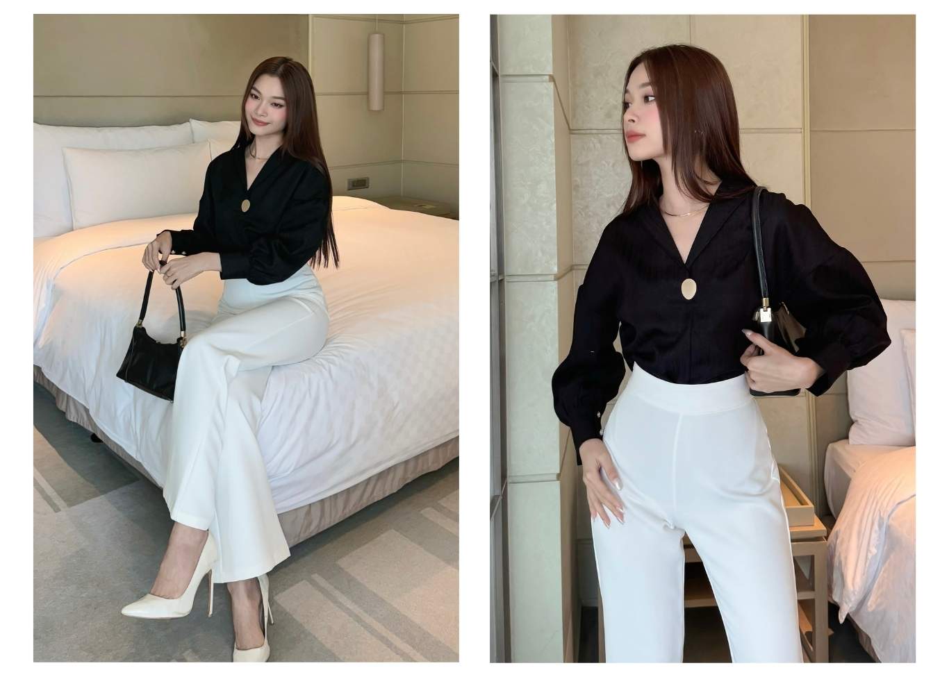 Người mẫu mặc Áo sơ mi tay dài nhún phồng - A3642 màu đen