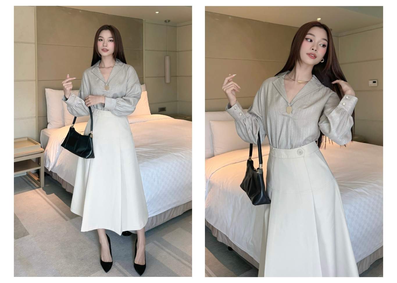 Người mẫu mặc Áo sơ mi tay dài nhún phồng - A3642 màu nâu tây
