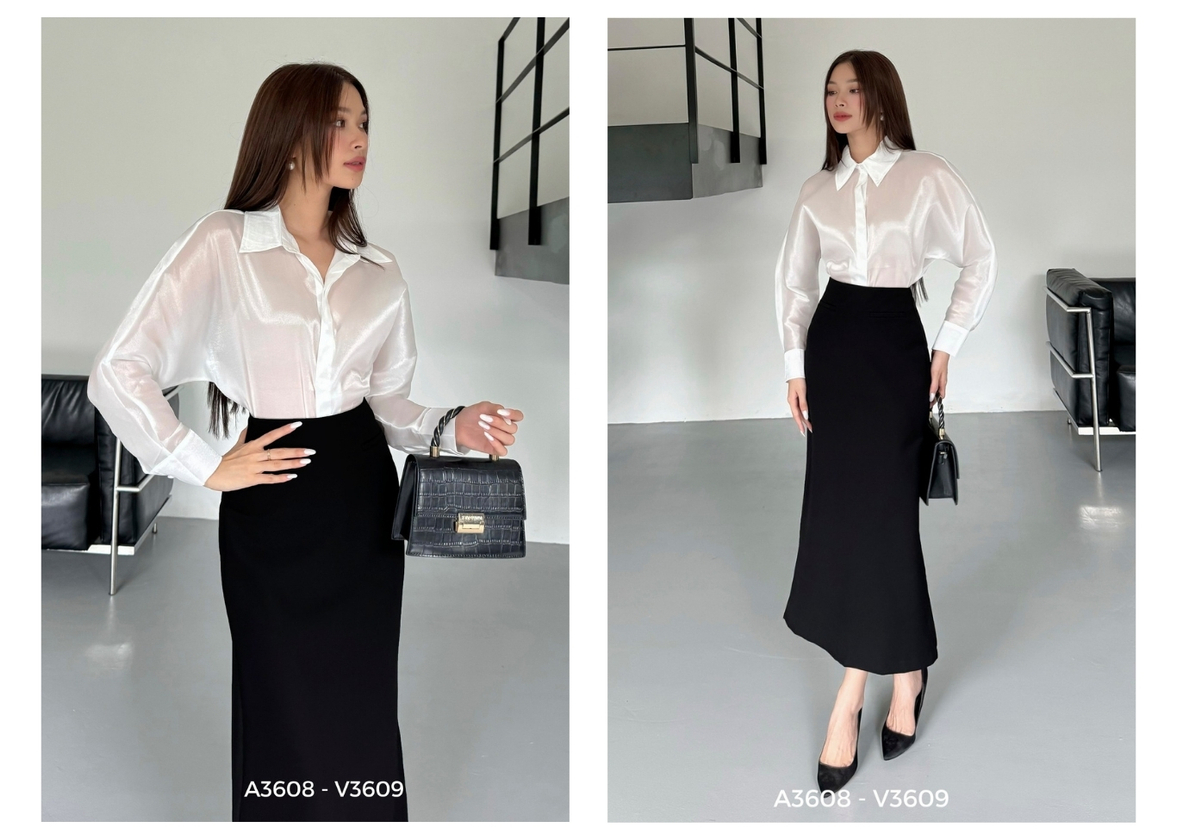 Người mẫu mặc Áo sơ mi tay dài voan ánh kim - A3608 màu trắng