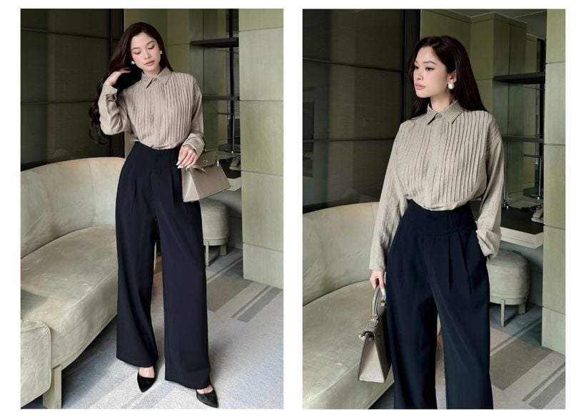 Người mẫu mặc Áo sơ mi tay dài xếp ly - A3576 màu nude