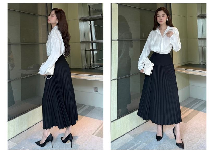 Người mẫu mặc Áo sơ mi tay dài xếp ly - A3576 màu trắng